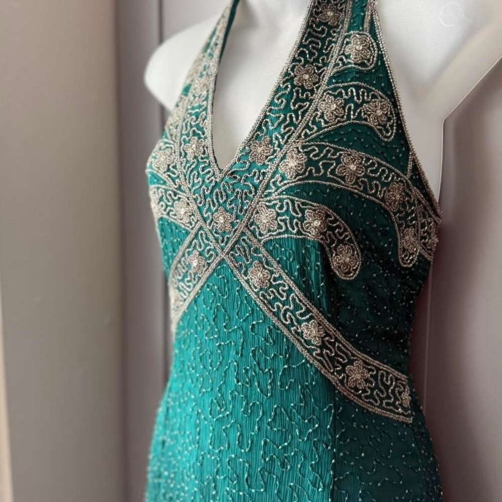 Vintage Green Silk Beaded Halter Dress  Emerald Green